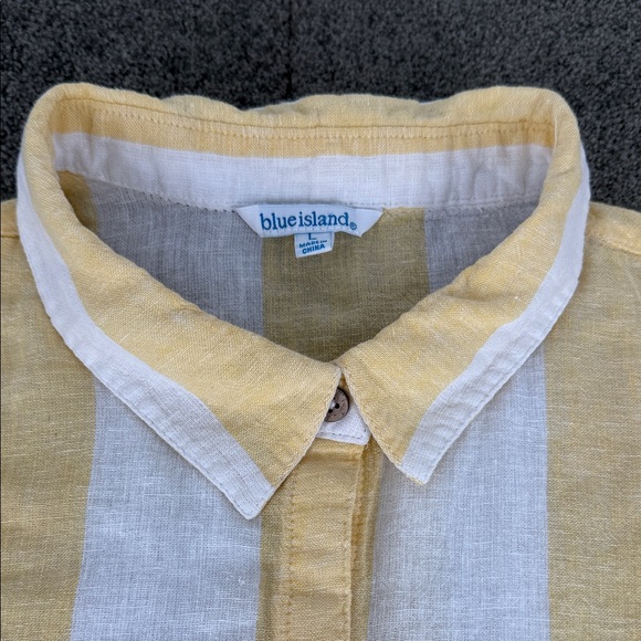 Blue Island Top Wm Large Linen Blend Yellow White Striped Button-Up Shirt Summer - Picture 5 of 12
